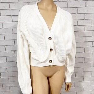 Monki White Chunky Rib Knit Cropped Cardigan V-Neck Button Front Large